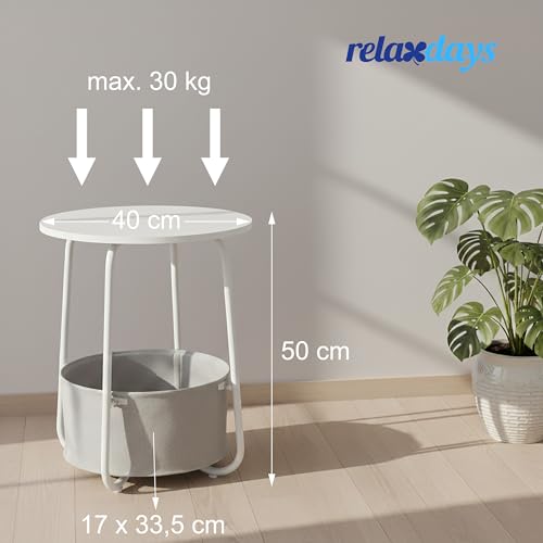 Relaxdays Beistelltisch, runder Couchtisch, mit Stoffkorb, HD: 50x40 cm, Kaffeetisch Wohnzimmer, MDF & Metall, weiß/grau – Bild 5