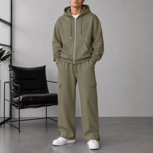 GOSEAGOTOFUN Mens Sweatsuits 2 Piece Set Zip Up Hoodie Wide Leg Cargo Sweatpants Set Fall Winter Workout Jogging Tracksuit Army Green Small - image 2