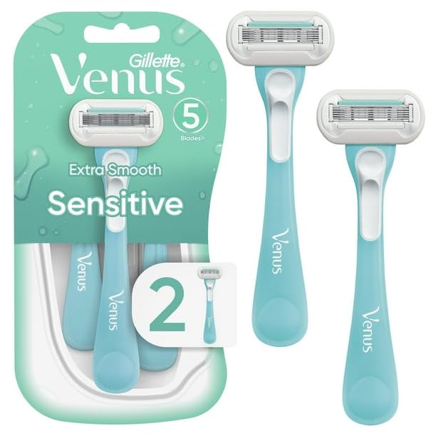 Extra Smooth Sensitive Women's 5 Blade Disposable Razor, 2 Count, Blue, GENTLY EFFECTIVE, SKIN PROTECTION, Smooth Glide To Every Stroke