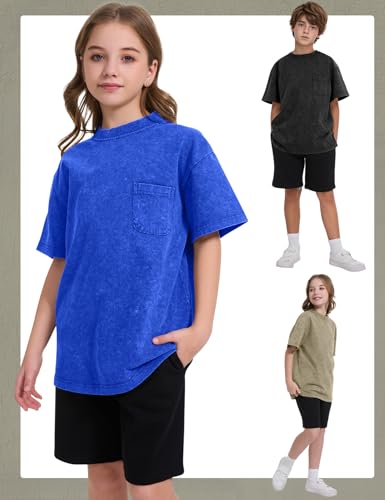 Image of COZYPOIN Unisex Kids Vintage Acid Wash Cotton Tees Crew Neck 3-16Y | 100% Cotton Boys Oversized T Shirt, Crew Neck, Short Sleeve, Front Pocket, Vintage Acid Washed Kids Tees for Boys Girls
