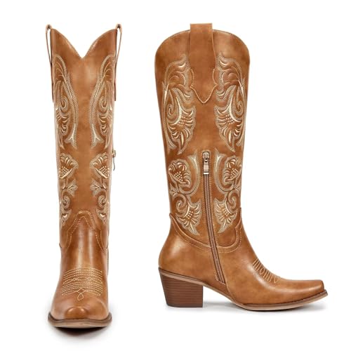 Image of wetkiss Women's Knee High Cowboy Boots | Western Cowgirl, Embroidered Pointed Toe, PU Leather, Chunky Heel, Pull On Tall
