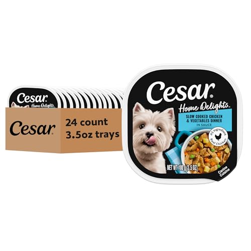 Image of Cesar Home Delights Wet Dog Food, Chicken & Vegetables, 3.5 oz, 24 Count | Real chicken #1 ingredient, no fillers or added sugar, easy to digest, use as meal or food topper, easy peel trays