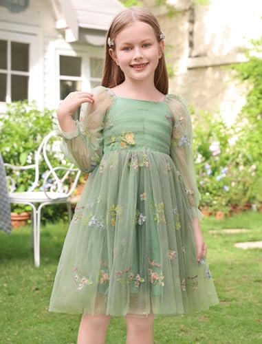 AWIBMK Kids Baby Girls Mesh Long Sleeve Birthday Princess Tulle Tutu Dress Square Neck Smocked Back Wedding Party Dress Green Embroidery Flower 5-6 Years2