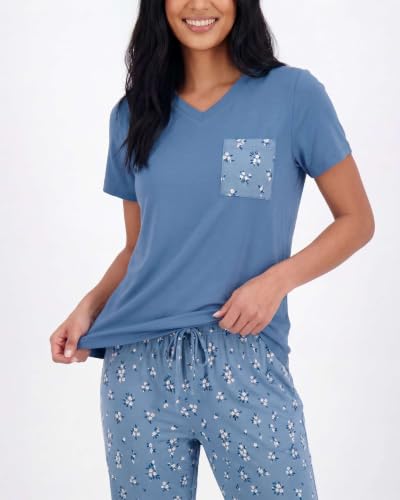 Image of Real Essentials 2 Pack: Women's Comfy Pajama Sets - Short Sleeve Ladies Loungewear Sleepwear PJs (Available In Plus)