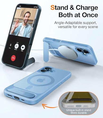 Image of VONZEE Magnetic Kickstand Case for iPhone 16 | Compatible with MagSafe | Adjustable Metal Stand | Translucent Matte Shockproof Phone Cover (Official Blue)