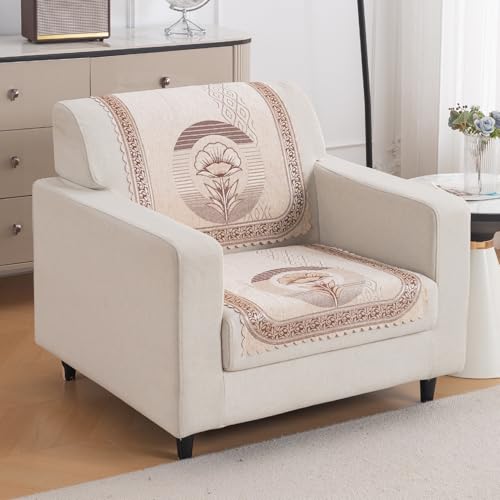 Image of HOKIPO Noor Beige Premium Chenille Jacquard Sofa Cover for 1 Seater for Seat & Back, 'Royal Aangan Series' (IN-1006-L4*2)
