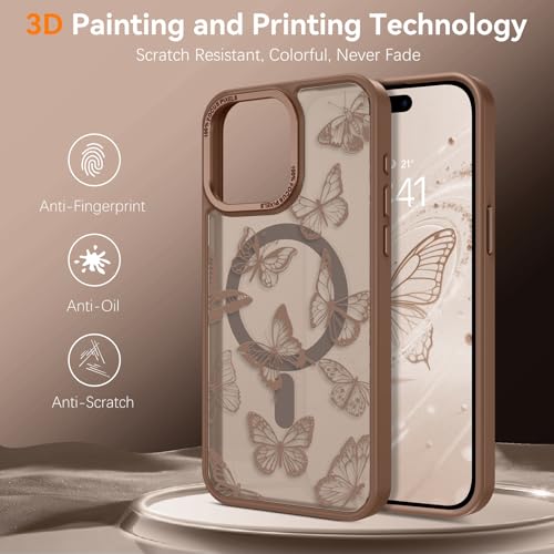 BENTOBEN for iPhone 15 Pro Max Case,Cute Butterfly Pattern 15 Pro Max Magnetic Case [Compatible with MagSafe] Translucent Matte Slim Shockproof Protective Cover for iPhone 15 Pro Max 6.7", Brown — view 6