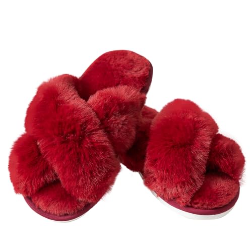 Image of Enteer Women's Slipper Memory Foam Cross Band Fuzzy Slippers Open Toe Cozy House Slippers Cozy Plush Bedroom Indoor Outdoor