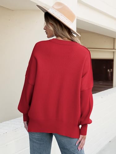 Image of ANRABESS Women Oversized Sweaters Batwing Long Sleeve 2026 Fall Outfits Crewneck Casual Knit Side Slit Fashion Pullover Top