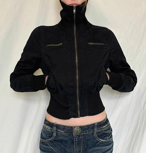 Womens Bomber Jacket Y2k Lapel Long Sleeve Cropped Light Jacket Zip Up Cargo Jacket Fall Coat 90s Streetwear4