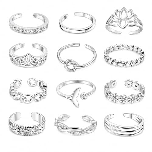 Image of 12PCS Toe Rings for Women 14K Gold /Silver Plated Adjustable Toe Ring Set Open Heart Arrow Infinity Rings Beach Foot Jewelry for Summer