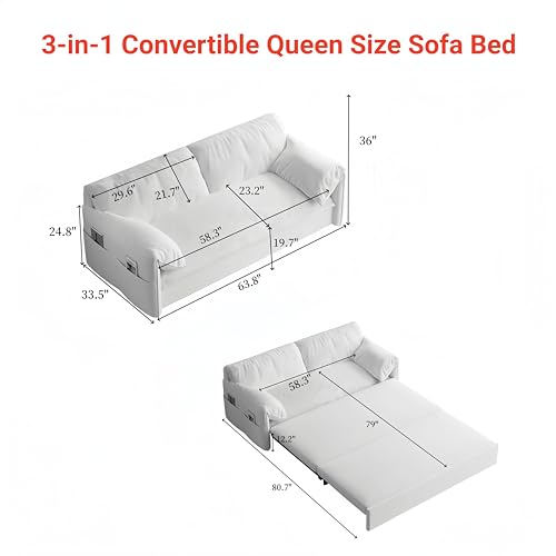 HomSof Pull, 3-in-1 Convertible Sleeper Sofa with 2 Soft Pillows Multi-Functional Velvet Loveseat Bed, Queen+Side Storage, Black - Thumbnail 2