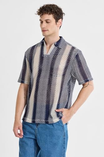 Image of SNITCH Greyish Blue Polo Box Fit Crochet T-Shirt