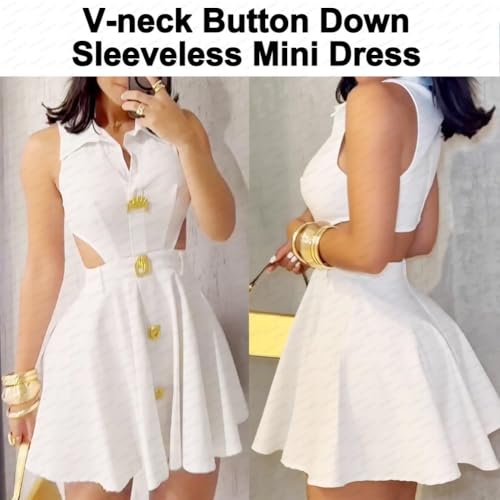 Ladies V-Neck Sleeveless Mini Dress with Metal Button Down, Sexy Hollow Out Waist A-Line Beach Dress for Summer2