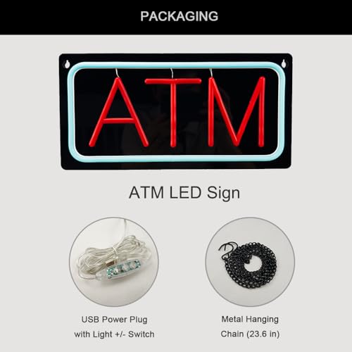 Image of ATM LED Neon Sign, 12 inchx6 inch, USB Powered with 9 Brightness Levels, Business Signboards for Bank Supermarket Convenience, Easy to Install, Ideal for Shop Wall Window Decoration (Red, Black Acrylic)