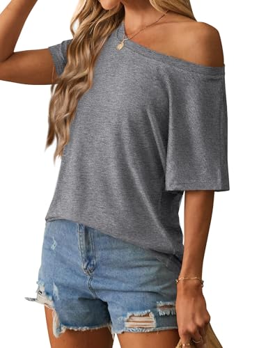 Image of Hilinker Womens Sexy Off The Shoulder Tops Short Batwing Sleeve T Shirt Oversized Casual Tee