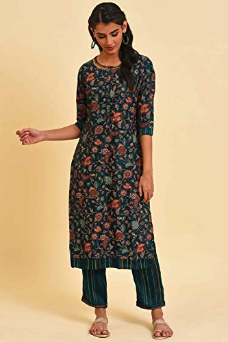 Image of W for Woman Women Viscose Printed Embellished Neck Straight Kurta Set
