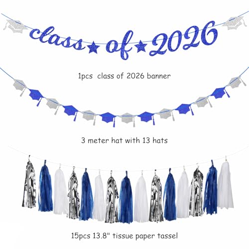 Image of Navy-Blue White Silver Graduation Party-Decorations Garland - 31pcs Congrats Grad Class 2026 Banner,Hat Hanging Streamers,College High School Congratulations Master Classroom Backdrop Decor Burgleda