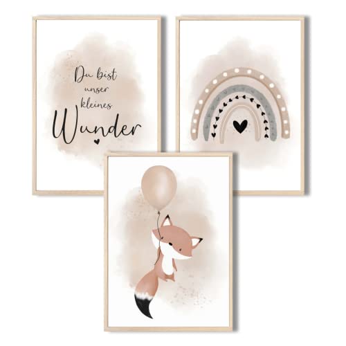 MeinBaby123® I Bilder Kinderzimmer | 3er Set DIN A4 | Wandbilder | Kinderzimmer Poster | Deko Bilder Kinderzimmer Mädchen und Jungen | Babyzimmer Deko (Luftballon & Fuchs beige)