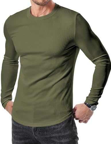 JMIERR Mens Shirts Casual Crewneck Muscle Slim Fitted Workout Gym Athletic T-Shirts Fall Fashion Long Sleeve Shirt for Men, M, Army Green