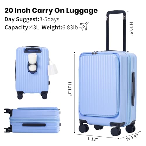 Image of 20 Inch Top Opening Carry On Luggage 22x14x9 Airline Approved Expandable With Spinner Wheels & Cup Holder,PC Hard Shell Lightweight Small Shitcase With Tsa Approved For Travel Women Men,Blue