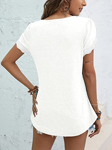 Senfure Women's Cute V Neck Lace Crochet Summer Petal Sleeve Loose Elastic Dreesy Blouse T-Shirt Top, White, Large #TOP1