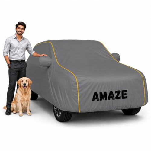 Image of Waterproof Car Cover for Amaze | Soft Cotton Lining Heavy Duty Triple Stitched Heat Resistant Outdoor Cover Comes with Mirror and Antenna Pocket Full Bottom Elastic (Zig Zag Grey)
