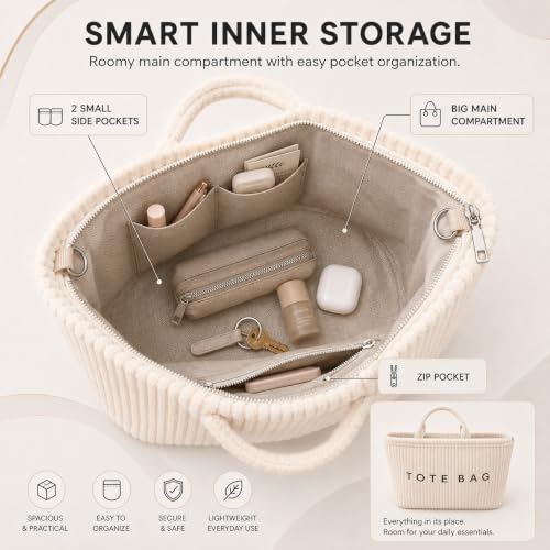 Image of Kawn Korean Tote Bag Aesthetic Corduroy Canvas Handbag for Women Zipper Casual Large Capacity Shoulder Bag with Pockets Versatile Everyday use for College Work Travel & Shopping