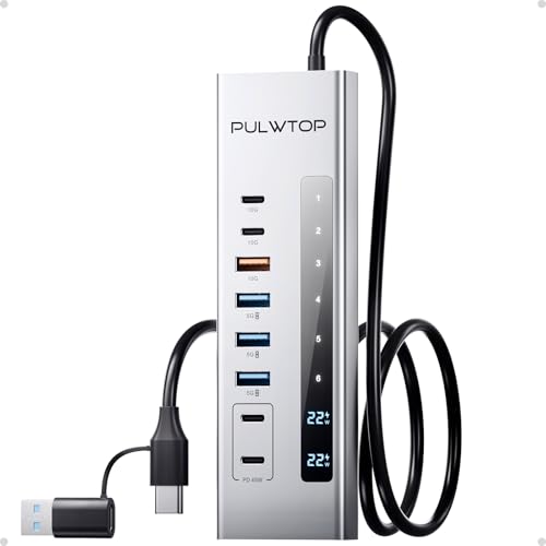 PULWTOP Hub USB Alimentado, HUB USB 11-IN-1 con SD/TF, 2*USB C 10Gbps, 4*USBA 5/10Gbps y 2 * 24/45W Tipo-C PD de Carga (No Soporta Video), Cubo Alimentado por USB (Adaptador DC de 72W Incluido)