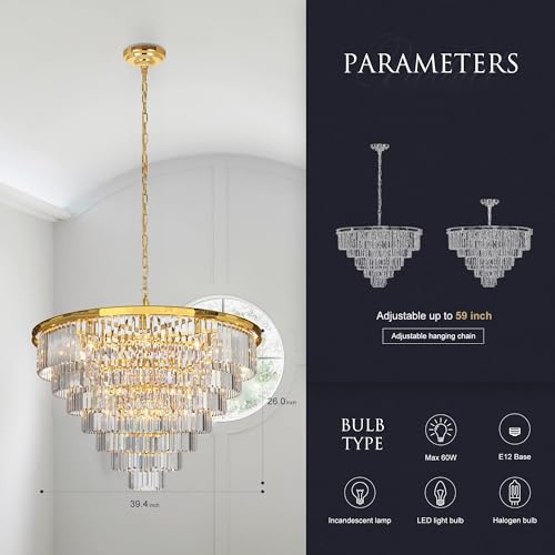 MEELIGHTING Gold Crystal Chandelier Lighting Modern Contemporary Empress Chandeliers Pendant Ceiling Lamp Light Fixture 7-Tier for Dining Living Room Hotel 24 Lights W39.4