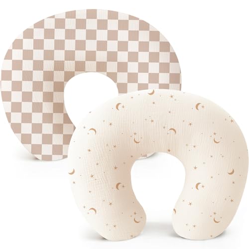 Image of Konssy 2-Pack Muslin Nursing Pillow Covers, Soft & Adorable Nursing Covers for Breastfeeding Pillows, Slipcovers for Newborn Boys & Girls(Coffee Check,Moon)