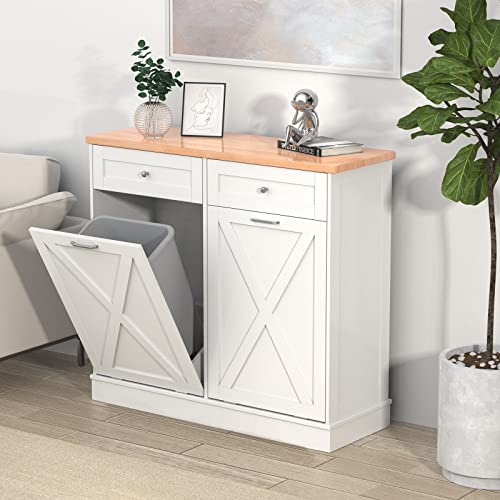 Betterhood Double Tilt Out Trash Cabinet Can Bin Kitchen 20 Gallon Wooden Free Standing Laundry Sorter,Recycling Cabinet with Hideaway Drawer, (White) - Thumbnail 3