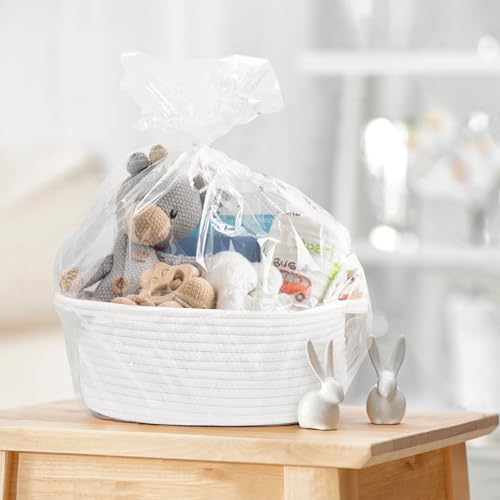 Image of Small Woven Gift Basket, Baskets for Gifts Empty, Cotton Rope Cat Dog Toy Bin Box, Nursery Baby Basket, Wicker Basket with Handles, Cute Storage Basket for Home Decor, White, 12 inchx 8 inchx 5 inch