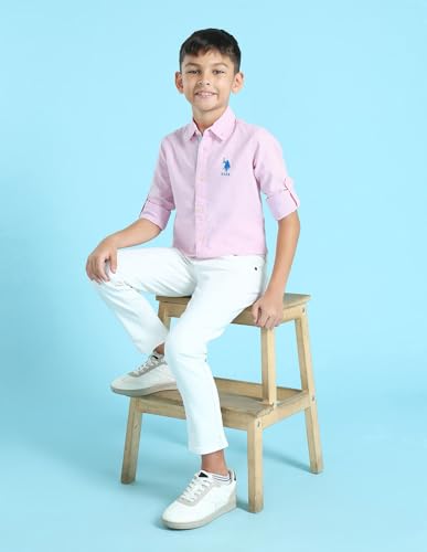 Image of U.S. Polo ASSN. Solid Cotton Shirt for Boys - Spread Collar, Long Sleeves, Regular Fit Shirt for Kids