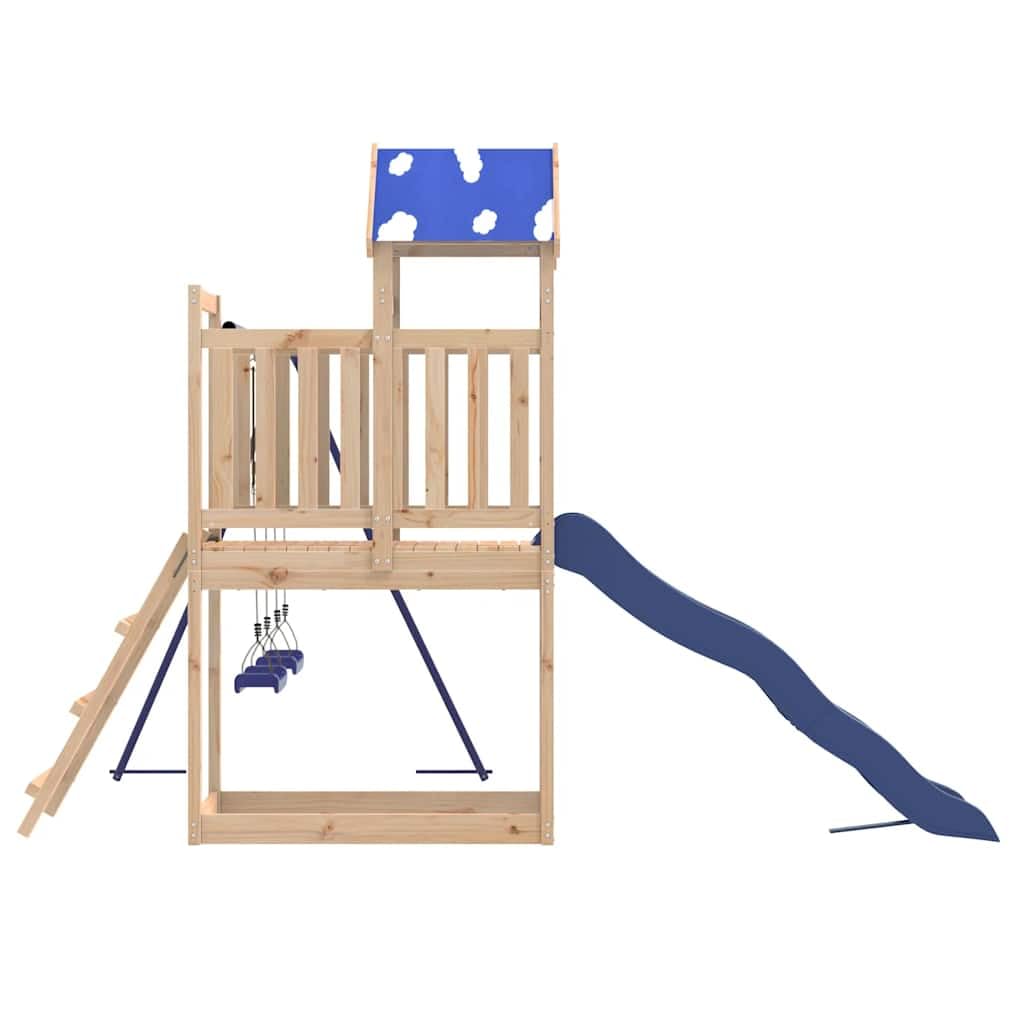 Torre de juegos de madera maciza de pino con tobogán ondulado, columpio doble, arenero y escalera para jardín, patio y terraza, pedestal de 90 cm, parque infantil para niños de 3 a 8 años