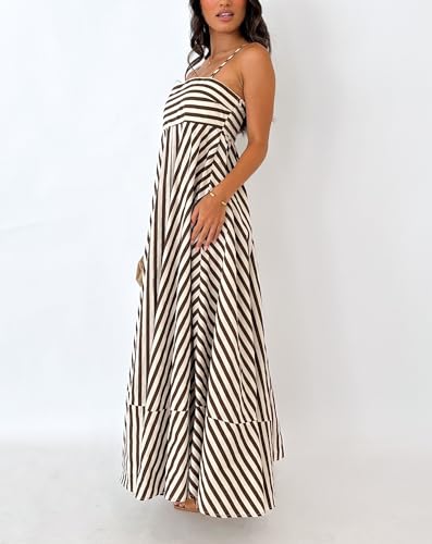 Image of Women Striped Maxi Dress Smocked Backless Spaghetti Strap Long Flowy Dress Sleeveless Boho Aline Sundress