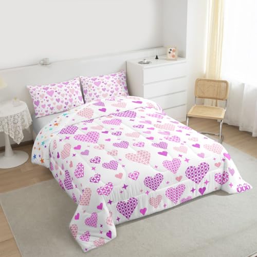Image of Erosebridal Love and Heart Twin Bedding Set Cute Heart Pattern Comforter Set for Kids Girls Pink Purple Valentine Comforter Love Geometric Duvet Insert