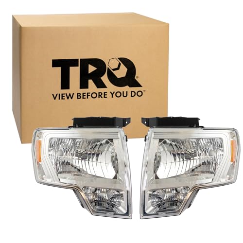 Image of TRQ 2 Piece Headlight Assembly Set Halogen Chrome Bezel Driver & Passenger Side Compatible with 2009-2014 Ford F-150 FO2502287 FO2503287