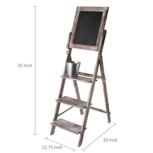 MyGift Decorative Torched Wood Easel Style Chalkboard Stand with 3 Tier Display Shelves