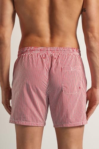 Man's Red Stripe Print Swim Trunks3