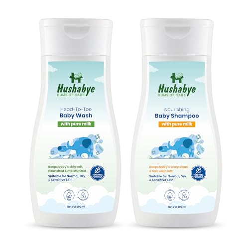 Image of Hushabye Head to Toe Baby Wash & Nourishing Baby Shampoo with Milk Protein | Paraben & Sulphate Free, pH Balanced for All Skin Types | Newborn Bath Gift Set, 200ml Each, Combo Pack of 2