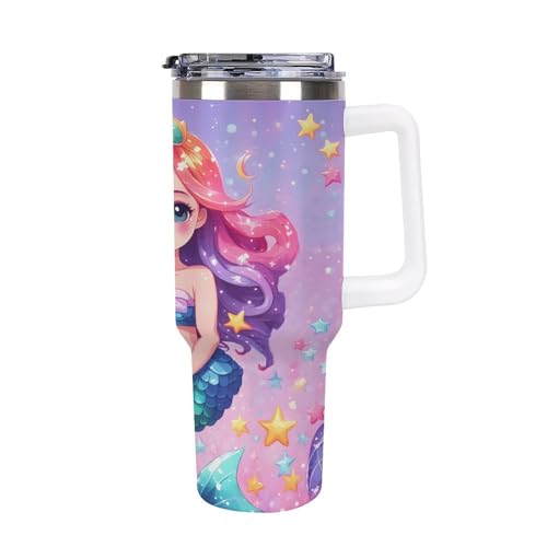 40oz Insulated Stainless Steel Tumbler with Handle, Mermaid Princess Rainbow Scales Leakproof Water Bottles Travel Mug with Lid And Straw for Water, Iced Tea Or Coffee for Most Car Cup Holder