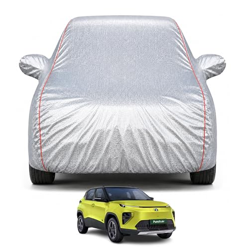 Image of Premium Car Cover for Tata Punch EV Facelift Model | Waterproof, UV & Dust Protection | Mirror & Antenna Pocket | Triple Stitched, Soft Inner Lining, Belt & Buckle (Metalic Silver)