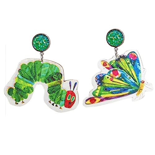 Dreuyet Handmade Earring Teacher Earrings Acrylic Cartoon Animal Drop Earrings Hungry Caterpillar Earring for Women Reading Teachers Gift
