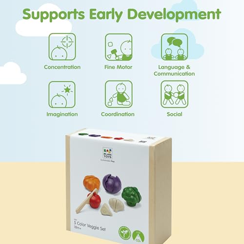 Image of PlanToys 5 Wooden, Colorful Vegetable (Veggie) Food Playset (3431) | Sustainably Made from Rubberwood and Non-Toxic Paints and Dyes.