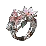 Butterfly Flower Ring for Women Enamel Flower Butterfly Finger Ring with Adjustable Opening Pink Ring Sparkling Fashion Flower Ring Christmas Birthday Party Prom Clothing Jewelry (Silver)