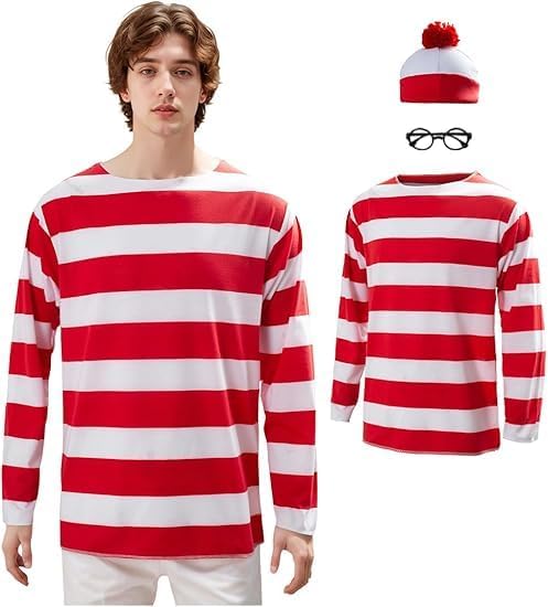 Red and White Striped Shirt Costume for Men Adult Cosplay Hat Glasses Bag Outfits Halloween Suits - Image 2