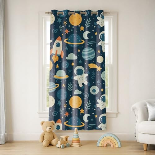 Image of STITCHNEST Velvet Kids Curtains Pack of 2 | Space Rocket & Astronaut Print | Semi Blackout Curtains for Nursery, Toddler & Kids Room | 5 Feet