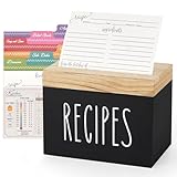 Dahey Wooden Recipe Box Black Recipe Organizer with 100 Recipe Cards and 6 Dividers, Recipe Card Holder Box Set with Brown Lid and Slots to Write in Your Own Recipes for Cooking Lover Kitchen