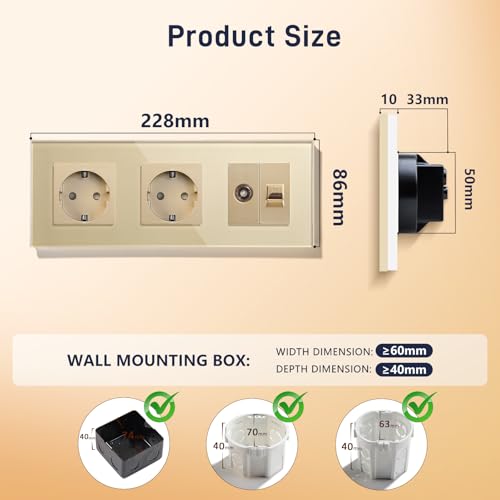 BSEED Schuko Steckdose Mit TV Gold Glas Panel - 1/2 PC Mit TV Antenna Coaxial Und RJ55 Cat5e Ethernet - 16 Amp 228mm Doppelt Wandsteckdose Verl&auml;ngerungssteckdosen